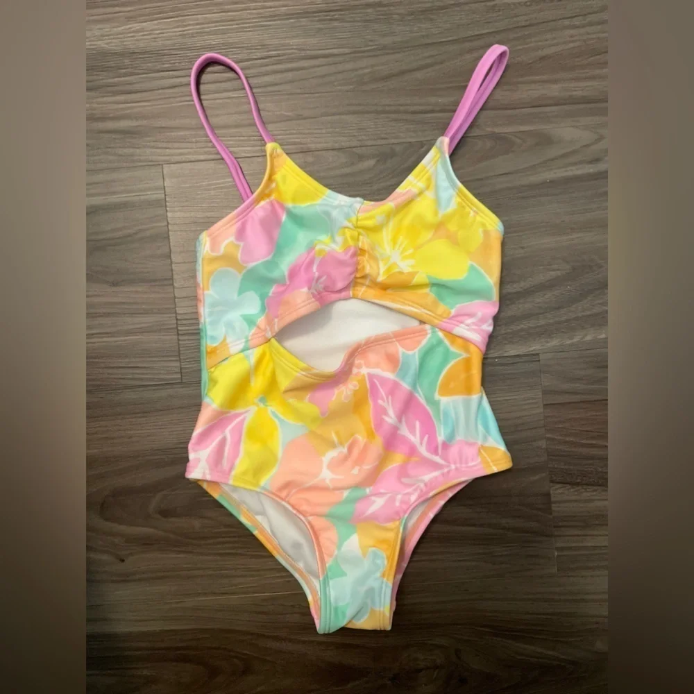Cat & Jack Kids Swim One Piece - Pink and White with yellow size XS 4/5